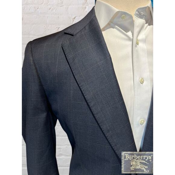 Vintage Burberry Suit 43L 36x32 Slate Blue Plaid Super 100s Designer Luxury - Picture 5 of 16